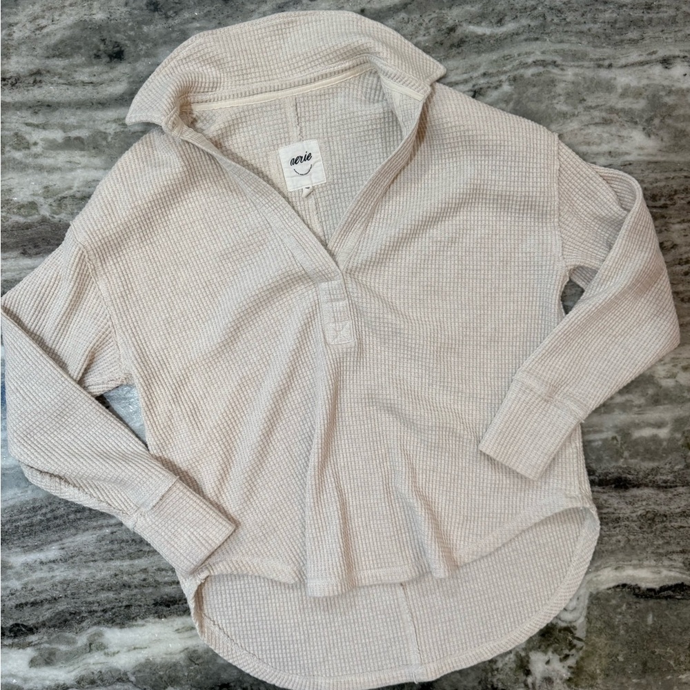 Aerie Oversized Lumberjane Waffle Knit Polo Sweatshirt Size XXS - Picture 2 of 6